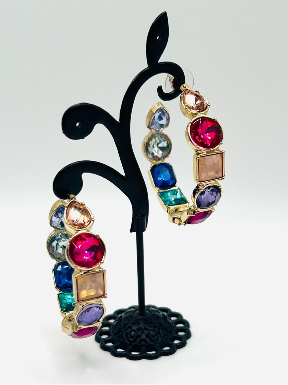 Boho Chic Multicolored Gemstone Crystal Gold Semi-Hoop Earrings